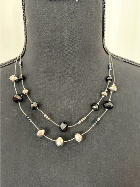 Layered Silver Tone & Faceted Black Crystal Bead Illusion Necklace